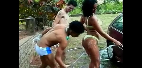  Car washing turned for juicy Brazilian floozie Sandra into nasty  double-barreled threesome outdoor action